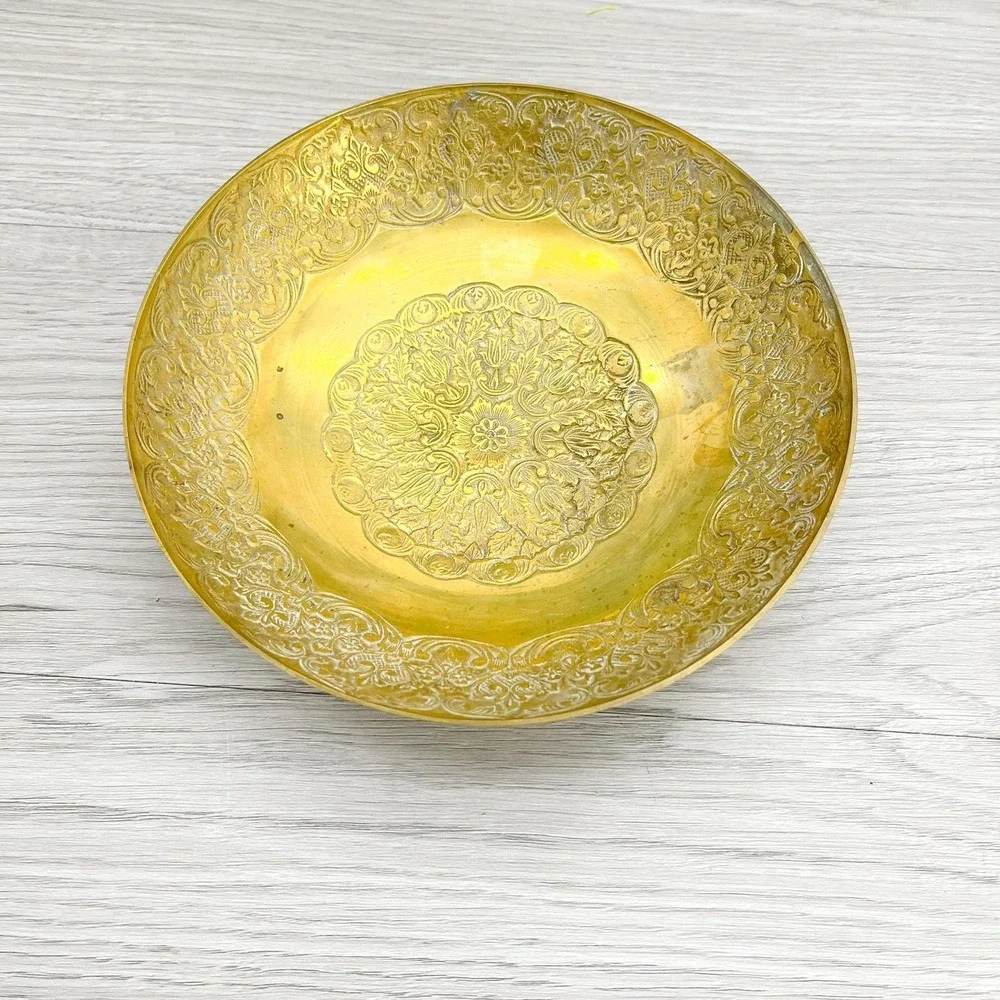 Vintage Etched Brass Bowl: Floral‎ Trinket Dish, Mid-Century Decor